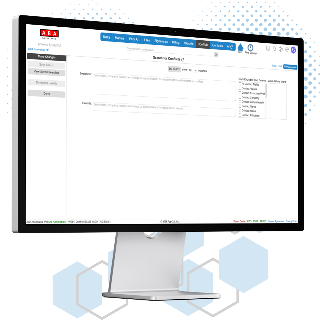 AppColl Conflicts module on a desktop monitor, showing a conflict check search