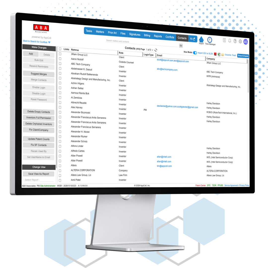 AppColl Contacts module on a desktop monitor, showing contact records for clients, inventors and attorneys