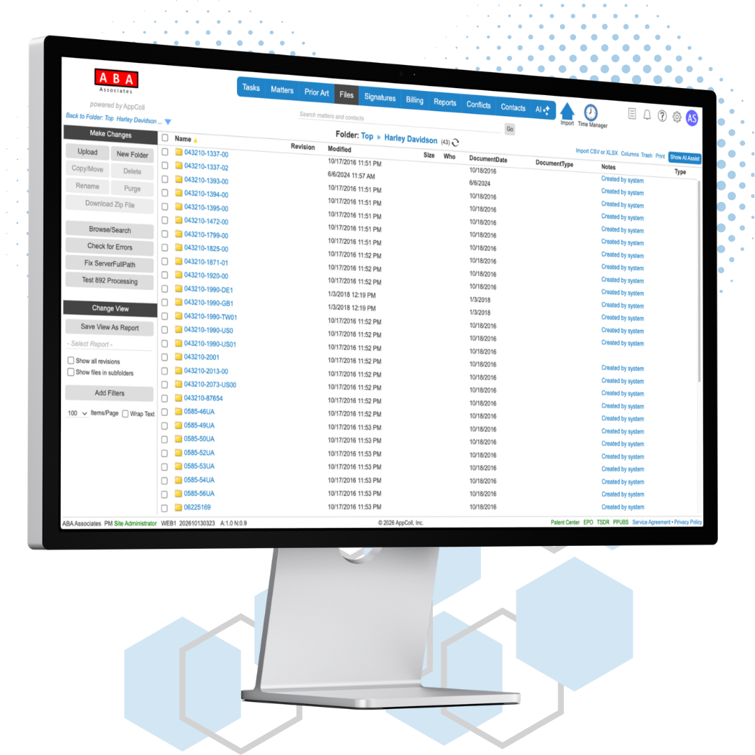 AppColl Files module on a desktop monitor, showing client and matter document folders