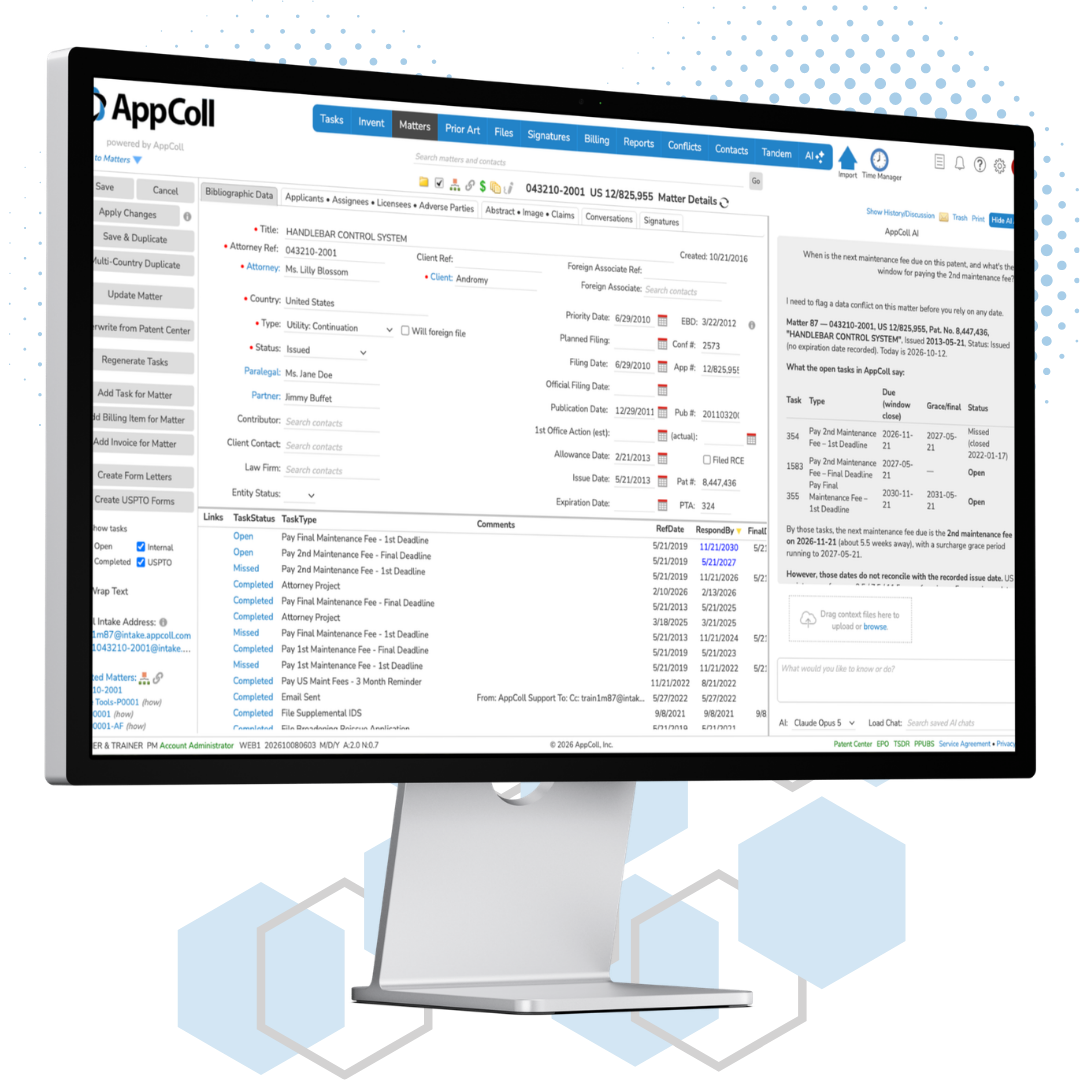 AppColl Matters module on a desktop monitor, showing a patent matter record and its details