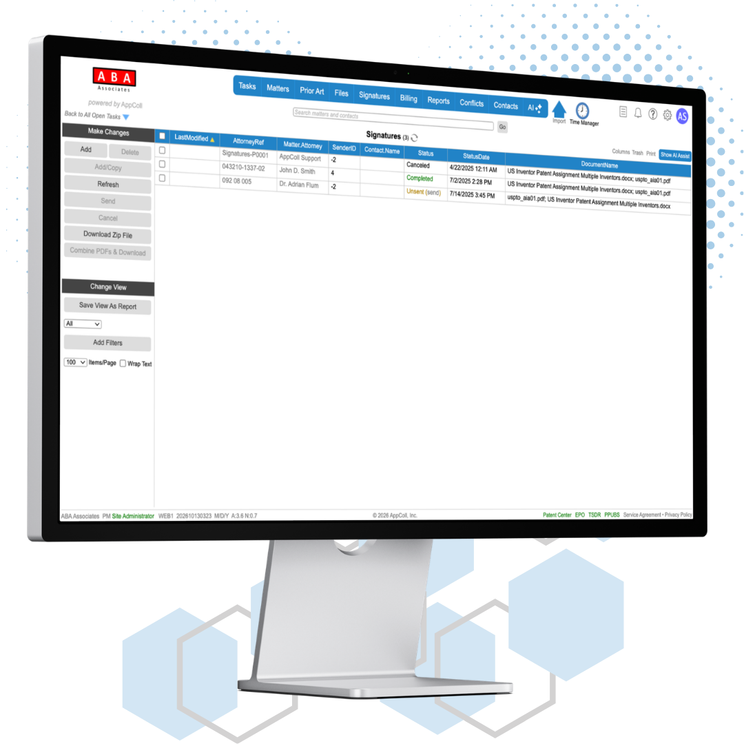 AppColl Signatures module on a desktop monitor, showing e-signature requests and their status