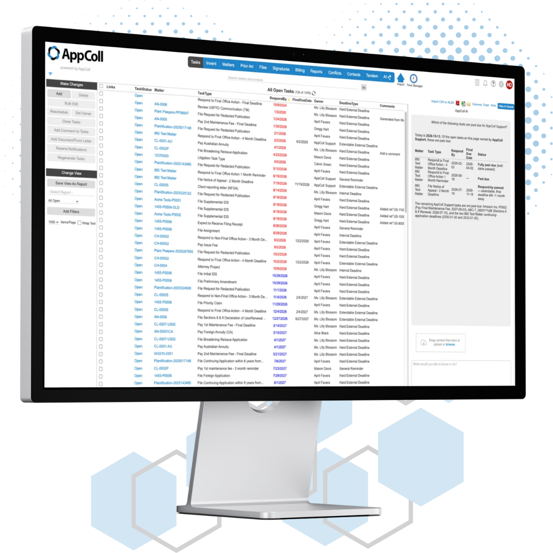 AppColl Tasks module on a desktop monitor, showing a docket of patent and trademark deadlines