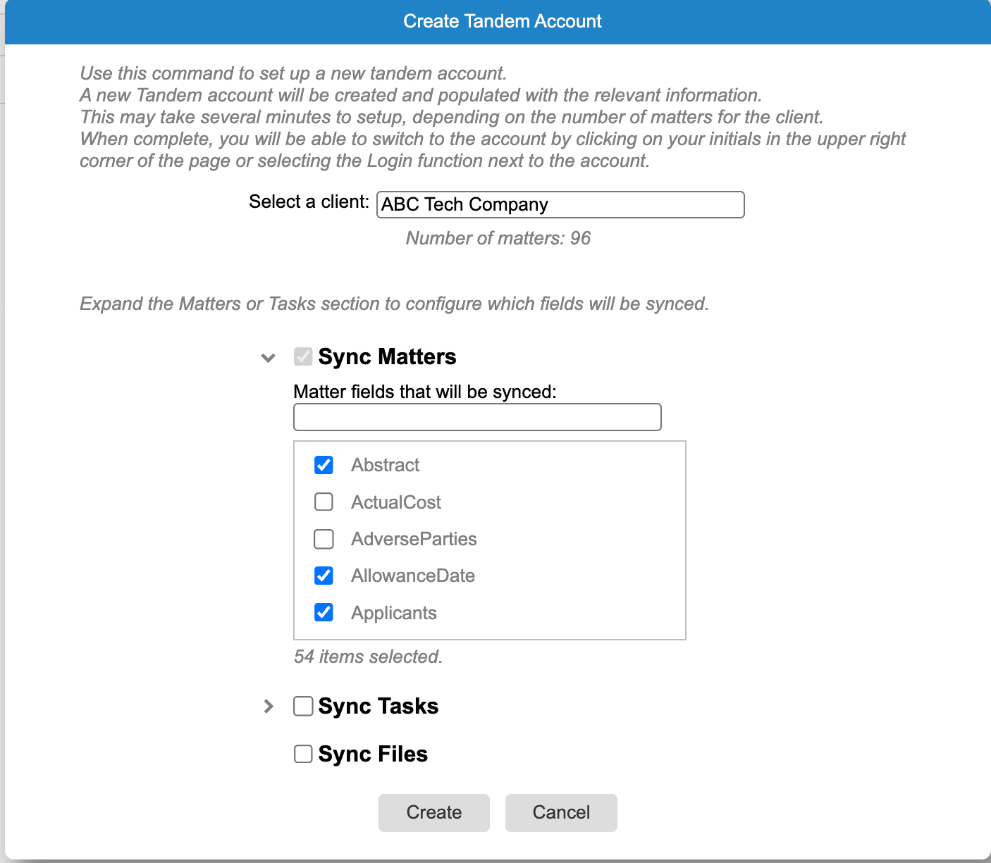 AppColl Create Tandem Account dialog with client selection and per-field sync options